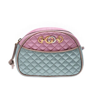 GUCCI Laminated Quilted Shoulder Bag Pink Green Leather